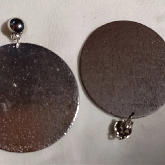 Large Silver Wooden Disc Clip On earrings - Picture 2 of 3
